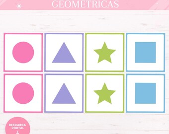 Geometric Shapes Educational Memory Game, Printable Flashcards, Spanish, Early Childhood, Montessori