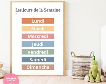 French Days of the Week Poster, Classroom Poster, Educational Poster, Montessori Kids Poster, Digital Download