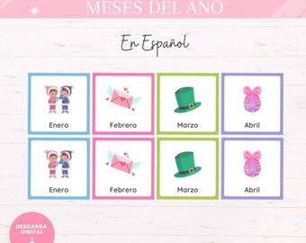 Educational memory game months of the year, printable flashcards, Spanish, early childhood, Montessori