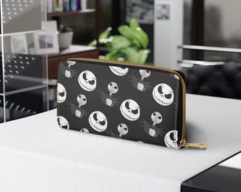 Cartera con cremallera con cabeza de Jack Skellington en blanco y negro