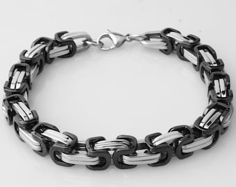 Black and Silver Byzantine Bracelet-Stainless Steel Bracelet--Chain Link Bracelet-8.5 inch Bracelet-Black and Silver Bracelet