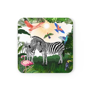 May include: Square coaster with a jungle-themed design, showcasing zebras, a flamingo, and diverse, colourful birds. The artwork includes dense green foliage, a bright sun, and a white backdrop. Ideal for adding a touch of the wild to any room.