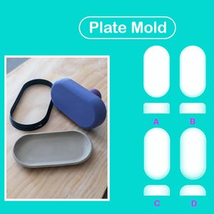 May include: A plate mold set with a gray ceramic plate, a black oval frame, and a blue mold with a purple handle. The image also includes a diagram with the text "Plate Mold".
