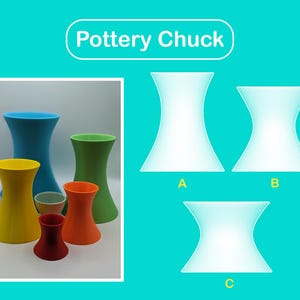 May include: A collection of colorful pottery chucks in various sizes and hues, including blue, green, yellow, orange, and red. The image also features three white, hourglass-shaped chucks labeled A, B, and C. The text "Pottery Chuck" is displayed at the top.