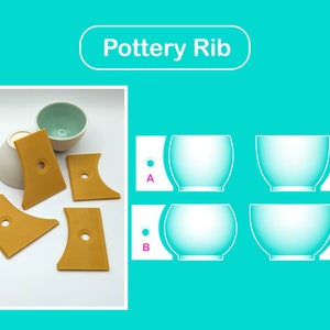 Può includere: Strumenti per la modellazione della ceramica chiamati "Ribs". Quattro strumenti in plastica gialla con un foro al centro e un bordo curvo. Gli strumenti sono disposti su una superficie bianca. L'immagine mostra anche quattro ciotole di ceramica vuote etichettate A, B, C e D.