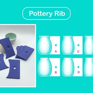 Può includere: Strumenti per costole in ceramica, un set di sei strumenti in plastica blu con un foro al centro, utilizzati per creare costole sulla ceramica. Gli strumenti sono disposti su una superficie bianca. L'immagine mostra anche uno schema di un vaso con sei diversi motivi di costole etichettati dalla A alla F.