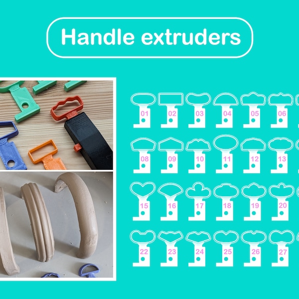 Puede incluir: Un conjunto de 28 extrusoras de manijas de plástico blanco, numeradas del 01 al 28. Las extrusoras tienen forma de diferentes manijas, incluyendo formas redondas, cuadradas y ovaladas. Las extrusoras se utilizan para crear manijas personalizadas para muebles, puertas y otros objetos.