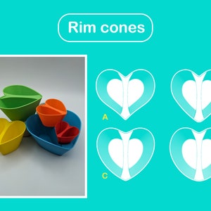 Pode incluir: Quatro tigelas aninhadas em forma de coração em verde, amarelo, laranja e vermelho. As tigelas são etiquetadas com A, B, C e D. O texto "Rim cones" está no topo da imagem.