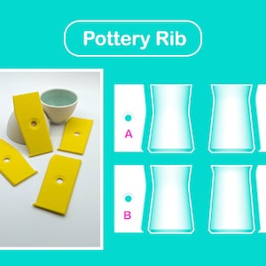 May include: Four yellow pottery ribs with a hole in the centre, arranged on a white surface.  Pottery Rib is written in pink letters on a white rectangle.