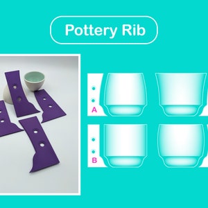 May include: Four purple pottery rib tools and a small white ceramic bowl. The tools are labeled A, B, C, and D. The text "Pottery Rib" is in a white rectangle.