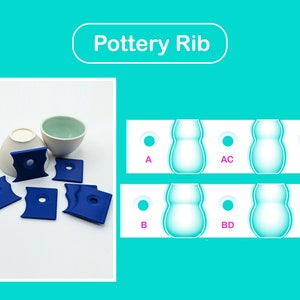 Può includere: Una collezione di costole di ceramica blu e due ciotole di ceramica. L'immagine include anche un diagramma con forme etichettate. Il testo "Pottery Rib" è visualizzato nella parte superiore dell'immagine.