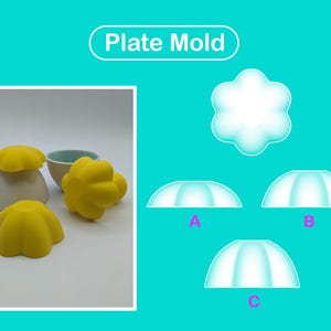 May include: The image showcases plate molds in a variety of shapes. The molds are yellow and white, with a flower-like design. The text "Plate Mold" is displayed at the top. The image also includes a ceramic bowl.