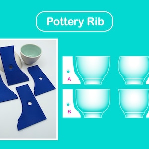 Könnte beinhalten: Blaue Töpferrippen und eine weiße Keramikschale werden vor einem türkisfarbenen Hintergrund gezeigt. Der Text "Pottery Rib" steht oben. Vier Diagramme von Schalen sind rechts abgebildet, beschriftet mit A, B, C und D. Diese Werkzeuge werden zum Formen von Ton verwendet.