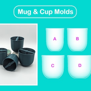 Könnte beinhalten: Das Bild zeigt dunkelblaue Becher- und Tassenformen sowie vier durchscheinende Becherformen mit den Buchstaben A, B, C und D. Der Text "Mug & Cup Molds" steht oben. Die teal-farbenen Formen sind zylindrisch mit einem kreuzförmigen Einsatz.