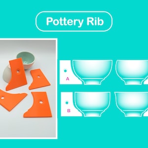Könnte beinhalten: Vier orangefarbene Töpferei-Rippen, mit A, B, C und D beschriftet, sind neben einem Diagramm von vier Schalen dargestellt. Die Rippen werden verwendet, um Keramik zu formen.