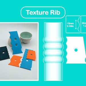 Puede incluir: Un conjunto de cinco herramientas de plástico azul, naranja y negro con un diseño de nervaduras texturizadas. Las herramientas tienen 1,5 cm y 3 cm de ancho. Las herramientas se utilizan para aplicar textura a la arcilla u otros materiales.