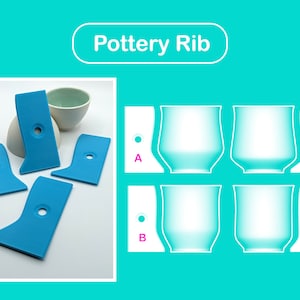 May include: Pottery Rib tools for shaping pottery. Four blue plastic tools with a hole in the centre of each tool. The tools are shaped like a rib and are used to smooth and shape clay.