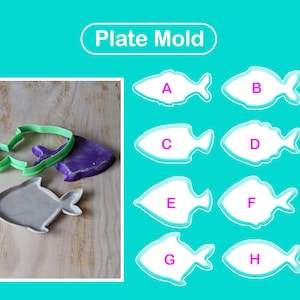 Peut inclure: Un ensemble Plate Mold comprenant un emporte-pièce en forme de poisson vert, une pièce moulée en forme de poisson violet et une assiette en forme de poisson gris. L'image inclut un diagramme Plate Mold avec huit contours de poissons A à H.