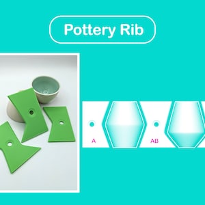 Könnte beinhalten: Töpferrippenwerkzeuge, grün und weiß, mit dem Text "Pottery Rib" in einem weißen Oval. Die Werkzeuge sind rippenförmig und haben ein Loch in der Mitte. Das Bild zeigt drei Werkzeuge und eine weiße Keramikschale. Das Bild zeigt auch ein Diagramm des Werkzeugs mit den Bezeichnungen A, AB und B.
