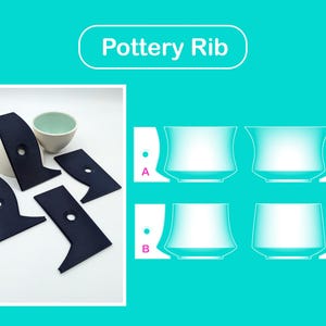 Peut inclure: Plusieurs outils de poterie bleu foncé, accompagnés d'un bol en céramique. L'image comprend également quatre schémas de différentes formes de poterie. Le texte "Pottery Rib" est affiché en haut de l'image.