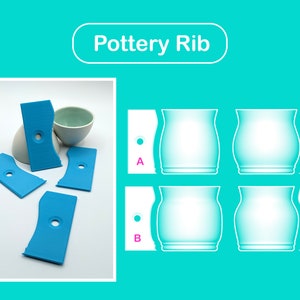 May include: Four blue pottery ribs with a hole in the centre, used for shaping pottery. The ribs are arranged in a pile on a white surface. The image also shows a white ceramic bowl and the text "Pottery Rib".