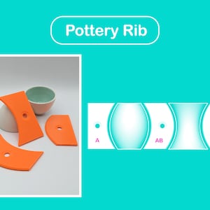 May include: Pottery rib tools for shaping clay. The tools are orange and have a hole in the centre. The image also shows a diagram of how the tools are used to create different shapes.