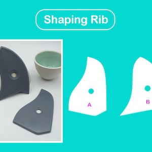 May include: Two gray ceramic shaping ribs, one with a rounded edge and one with a pointed edge. The ribs are used for shaping clay in pottery.