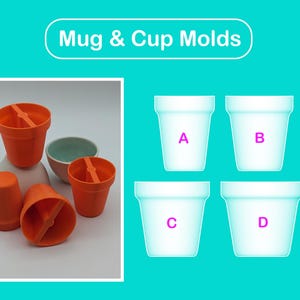 Op de afbeelding: Afbeelding met oranje mok- en bekervormen, samen met vier witte bekervormen met de letters A, B, C en D. De tekst "Mug & Cup Molds" staat bovenaan. De oranje vormen zijn zo gerangschikt dat hun ontwerp zichtbaar is.
