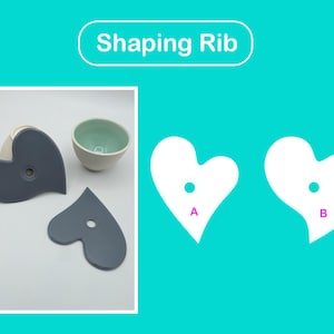 May include: Two gray heart-shaped ceramic shaping ribs for pottery. The ribs are labeled A and B. The rib labeled A has a rounded edge. The rib labeled B has a pointed edge.