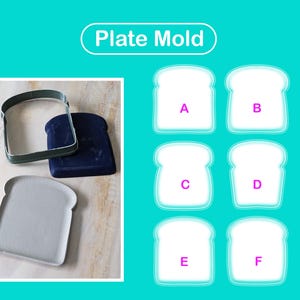 Pode incluir: Um conjunto Plate Mold com um cortador de metal em forma de pão, uma base de silicone azul-escura e um prato texturizado cinza-claro. A imagem inclui uma grade de seis ícones brancos em forma de pão rotulados de A, B, C, D, E e F.
