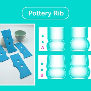 May include: Four blue pottery ribs with holes for shaping pottery. The ribs are shown on a white surface. The image also shows four different pottery shapes that can be created using the ribs. The shapes are labelled A, B, C, and D.