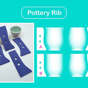 Può includere: Strumenti per nervature in ceramica, quattro strumenti in plastica blu con fori, etichettati A, B, C e D, utilizzati per creare nervature sulla ceramica, mostrati accanto a un vaso in ceramica bianca e una ciotola in ceramica blu chiaro.