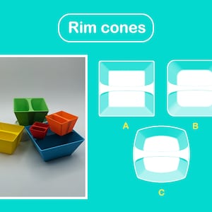 May include: Four colorful plastic nesting bowls with a rim cone design. The bowls are yellow, green, orange, and blue. The bowls are labeled A, B, and C.