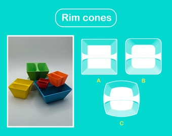 May include: Four colorful plastic nesting bowls with a rim cone design. The bowls are yellow, green, orange, and blue. The bowls are labeled A, B, and C.