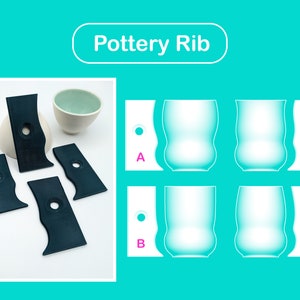 May include: Four black plastic pottery ribs with a round hole in the center of each rib. The ribs are used to create texture on pottery. The image also shows a white ceramic bowl and a diagram of different pottery shapes.