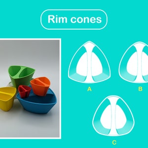 Könnte beinhalten: Eine Sammlung farbenfroher, dreieckiger Randkegel in verschiedenen Größen und Farben, darunter Gelb, Rot, Orange, Grün und Blau. Das Bild zeigt auch drei verschiedene Randkegel-Designs mit den Bezeichnungen A, B und C, mit dem Text "Rim cones" oben.