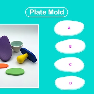 Peut inclure: L'image présente divers moules à assiettes de différentes couleurs et formes, dont un ovale violet, des ovales orange et verts, et un moule en forme de champignon bleu et jaune. Le texte "Plate Mold" est en haut.