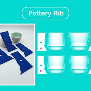 May include: Blue pottery ribs with a curved edge and a hole, alongside a ceramic bowl. The image also shows four diagrams of pottery shapes labeled A, B, C, and D. The text "Pottery Rib" is displayed in a white rounded rectangle.