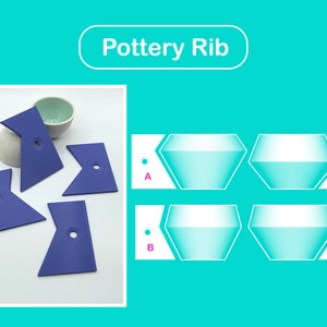 Può includere: Quattro costole in ceramica blu, ciascuna con un foro al centro, sono disposte su una superficie bianca. Una ciotola in ceramica bianca è sullo sfondo. L'immagine è etichettata "Pottery Rib" e ha quattro sezioni con lettere: A, B, C e D.