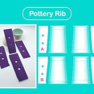 May include: Pottery Rib, a tool for shaping clay, is shown with four purple ribs and a small white bowl. The image also shows four diagrams labelled A, B, C, and D, illustrating the different ways to use the rib.