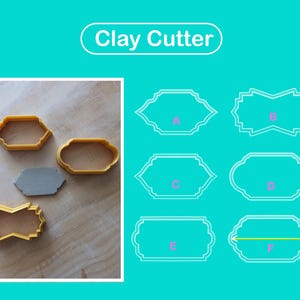 Op de afbeelding: Afbeelding van kleisnijders in verschillende vormen, waaronder een zeshoek, een rechthoek met gebogen randen en een stervormig ontwerp. De snijders zijn geel en grijs, met de tekst "Clay Cutter" bovenaan. De vormen worden weergegeven op een lichtbruin houten oppervlak.