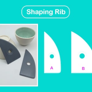 May include: Two gray ceramic shaping ribs for pottery. The ribs are triangular in shape with a rounded edge and a hole in the center. The ribs are labeled A and B.