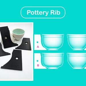 Könnte beinhalten: Vier weiße Keramik-Schalen mit abgerundetem Rand und flachem Boden sind auf blauem Hintergrund abgebildet. Die Schalen sind mit A, B, C und D beschriftet. Der Text "Pottery Rib" ist in einem weißen Rechteck oben im Bild dargestellt.