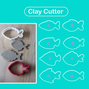 Puede incluir: Un conjunto de cortadores de arcilla con forma de pez etiquetados como Clay Cutter con opciones de la A a la H. La imagen muestra cortadores de plástico blanco y rosa junto a formas de pez de arcilla gris, mostrando varias siluetas de peces.