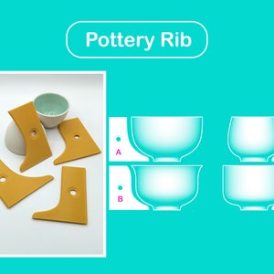Op de afbeelding: Vier gele pottenribben, of gereedschappen, worden getoond op een wit oppervlak. De ribben worden gebruikt om aardewerk te vormen en glad te maken. Een diagram laat zien hoe je de ribben kunt gebruiken om verschillende vormen te creëren in een pottenbakkerskom.