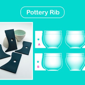 May include: A collection of dark teal pottery ribs with a textured finish and a central hole, next to a ceramic bowl. The image also presents four pottery shapes, labelled A, B, C, and D. The text "Pottery Rib" is displayed at the top.