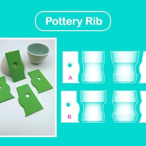 May include: Four green pottery ribs with a rounded edge and a hole in the center. The ribs are arranged in a row on a white surface. The image also shows a white ceramic bowl and the text "Pottery Rib".