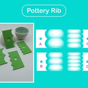 Könnte beinhalten: Grüne Töpferrippen mit verschiedenen Kantenformen und eine kleine Keramikschale. Die Abbildung zeigt auch Diagramme verschiedener Rippenformen, die mit A, B, C und D beschriftet sind. Der Text "Pottery Rib" steht oben.