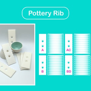 Könnte beinhalten: Weiße Töpferei-Rippen mit verschiedenen Mustern und Texturen. Die Rippen sind mit A, AC, B, BD, C und D beschriftet. Pottery Rib steht in einem weißen Kasten oben im Bild.