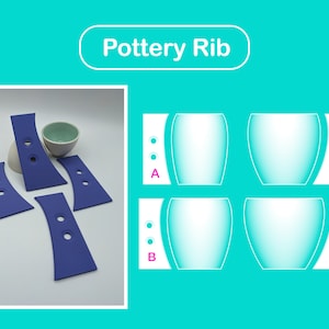 May include: Four blue pottery ribs with holes for use in shaping pottery. The ribs are arranged in a cross pattern. The image also shows a white bowl and a white background.